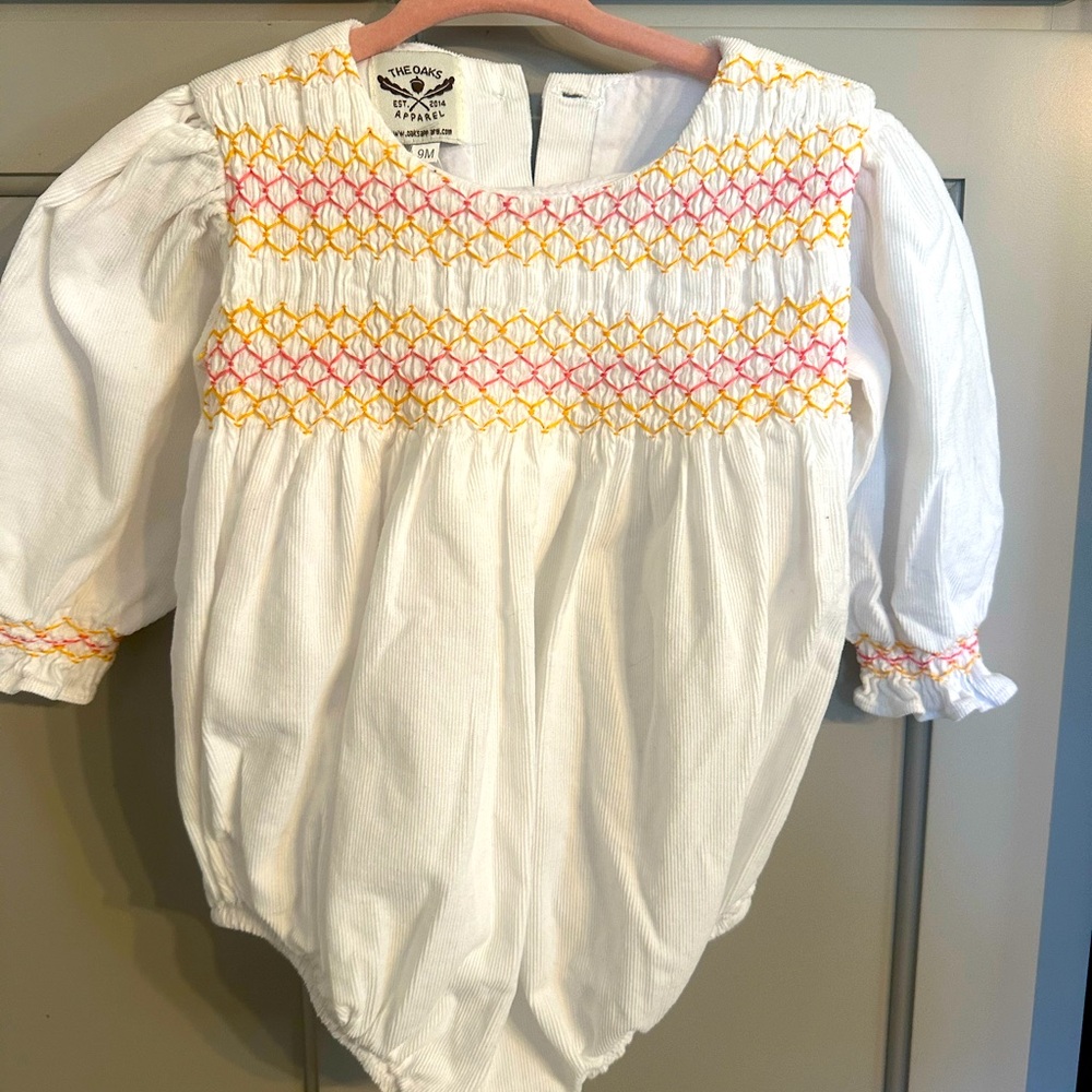The Oaks Apparel Mia Rose Bubble Romper smocked off white corduroy baby 9 months